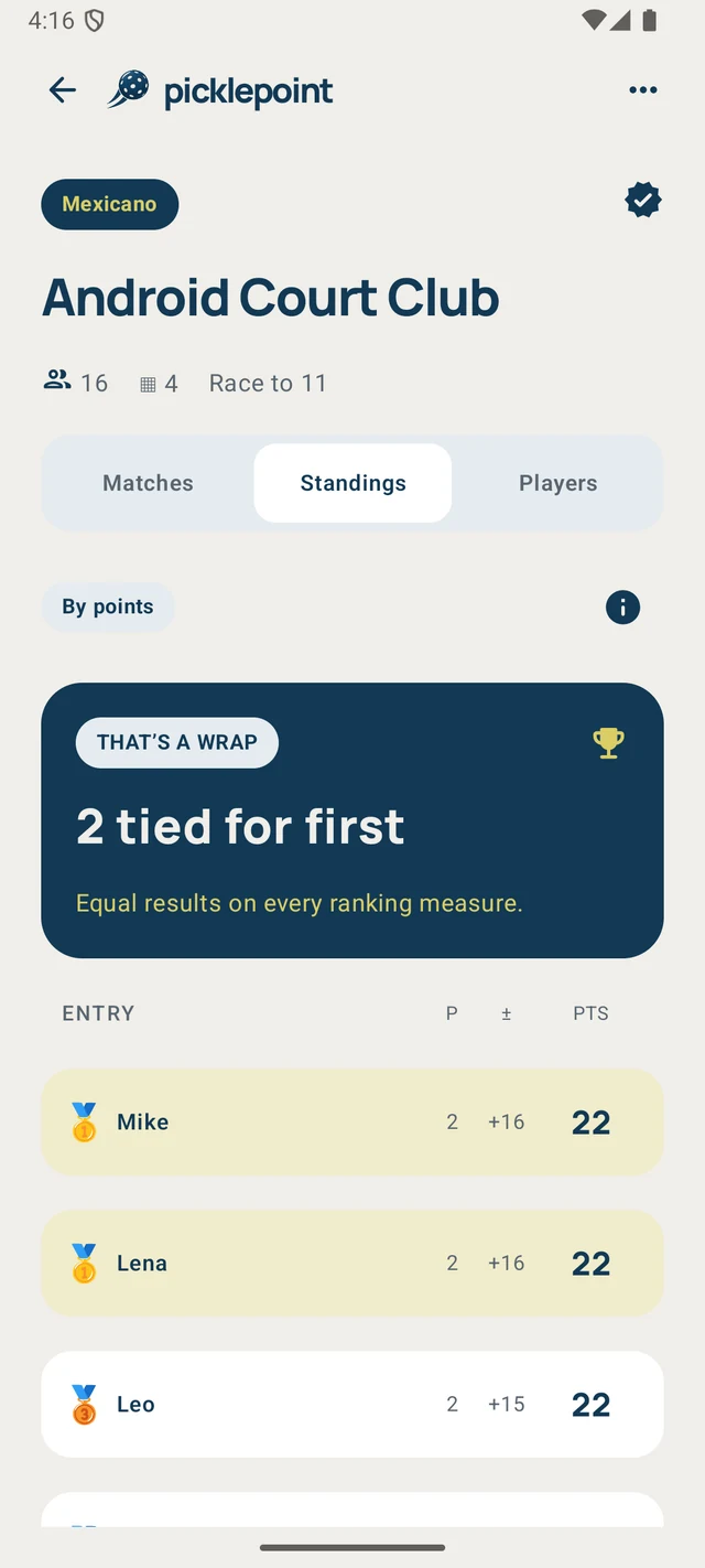 Android: tournament standings with points and medals