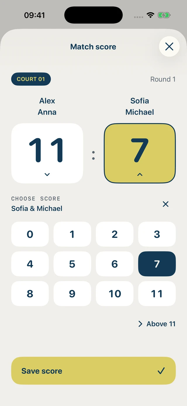 iPhone: entering an 11:7 match score using the number grid
